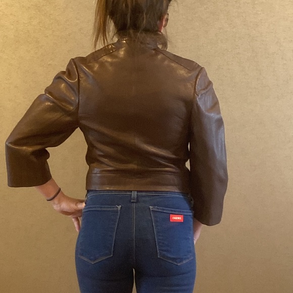 J Brand 3/4 Sleeve MOTo Brown Leather Jacket - Picture 4 of 5
